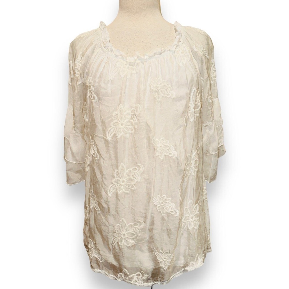 B1 Bellambra Silk Blend White Blouse Top Shirt Women's Small Italy Floral